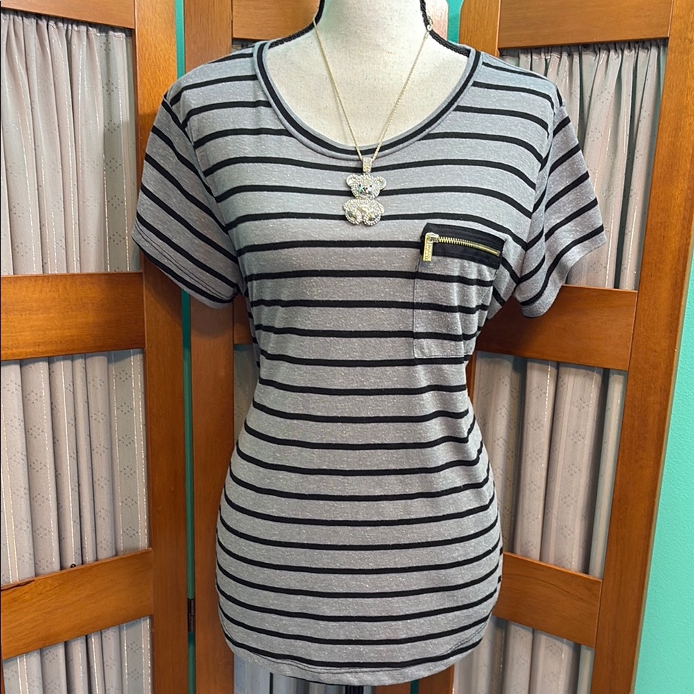 Gray and Black striped Short Sleeve T-Shirt w/ zip pocket